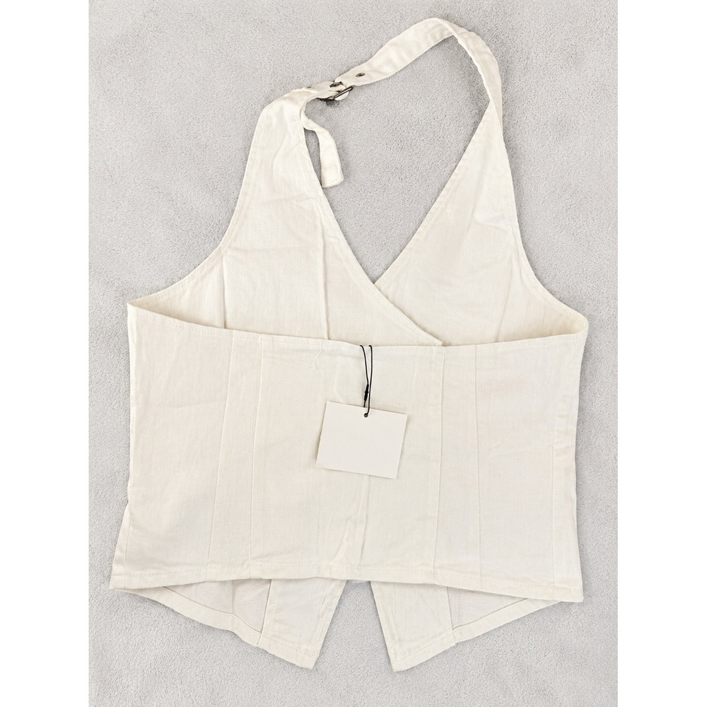 NWT Active USA Cream Denim Halter Vest Snap Front Crop Size L Western Chic - Picture 3 of 10